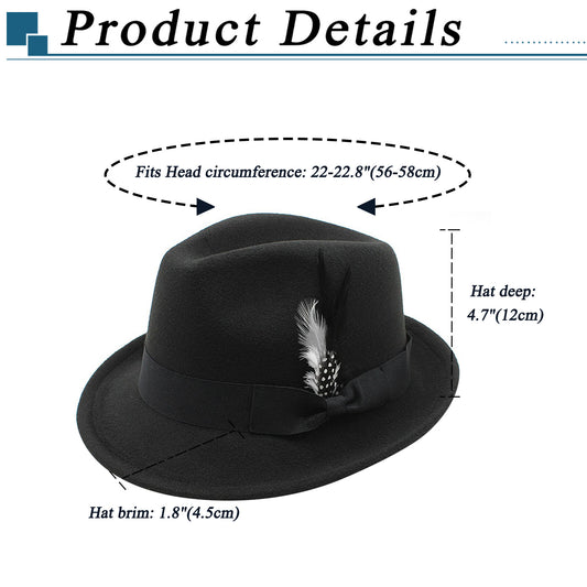 Classic Fedora Hat Short Brim Hat with Feather | Size M-L- Boniskiss