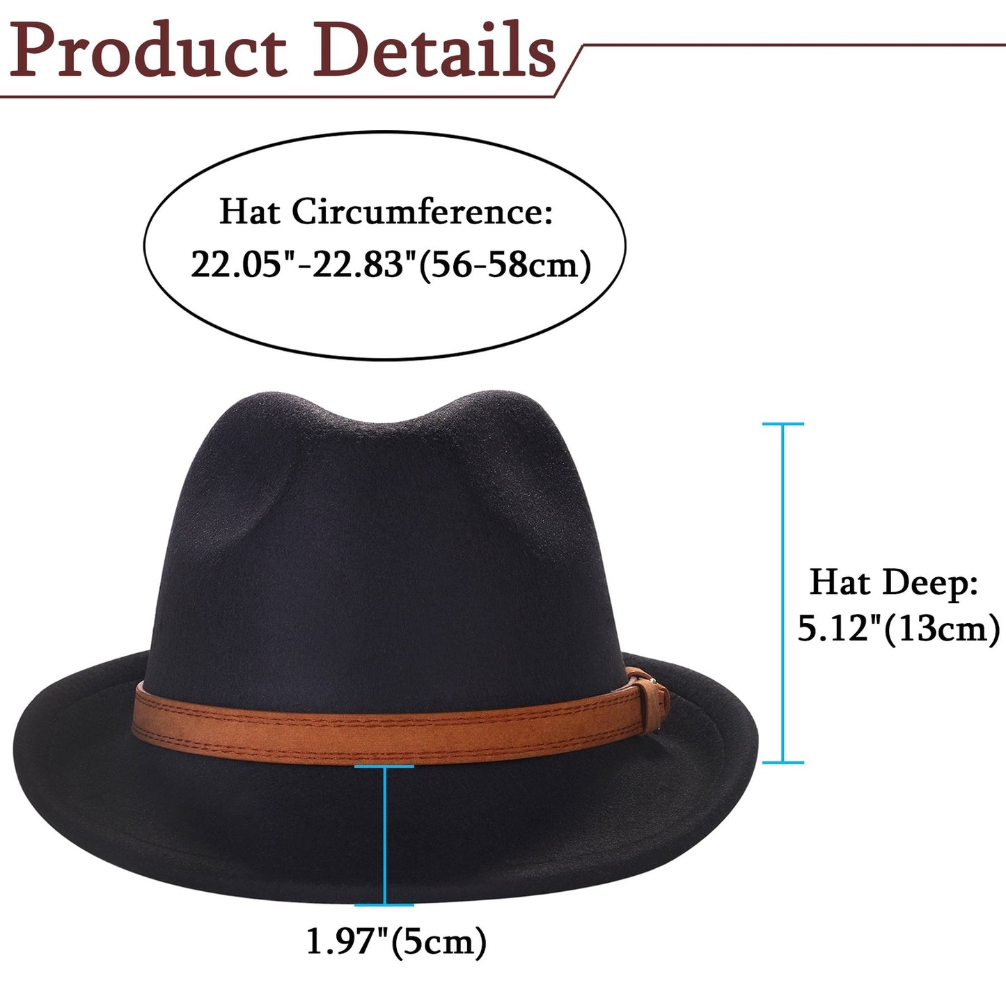 Black Classic Fedora Hat Trilby Panama Hat with Leather Band | Size M-L - Boniskiss