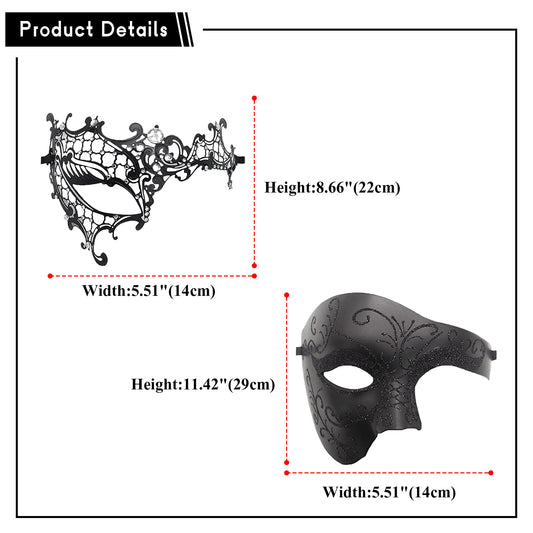 Boniskiss Couple's 2pcs Masquerade Ball Masks - Venetian Metal Mardi Gras Half Face Mask