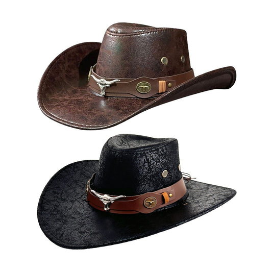 Cowboy Hat with Bull Head Decor Western Wide Brim Hat - Boniskiss