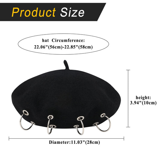Boniskiss Punk Rock Beret Cap Ring Decor Womens Novelty Street Style