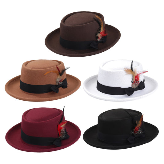 Boniskiss Unisex Classic Feather Vegan Felt Boater Fedora Hat