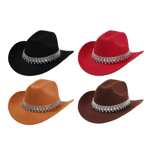 Retro Wide Brim Cowboy Hat with Rhinestone Chain Sparkly Western Hat - Boniskiss