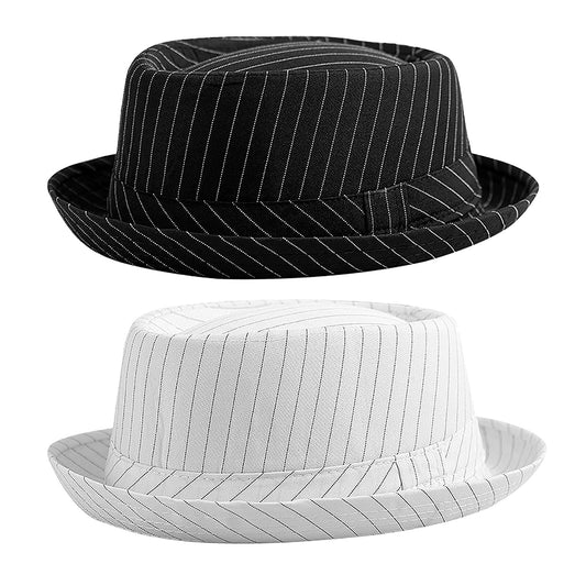Classic Stripe Pork Pie Fedora Hat Flat Top Bowler Trilby Hat - Boniskiss