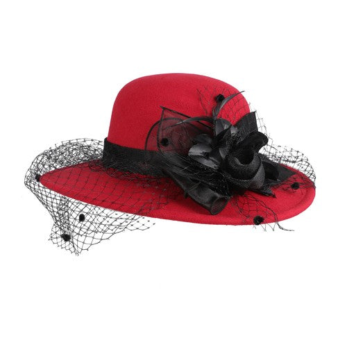 Cloche Veiled Church Felt Hat with Flower Decoration - Boniskiss