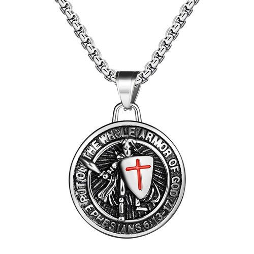 Collar Boniskiss de San Miguel Arcángel con colgante de escudo protector redondo de acero inoxidable