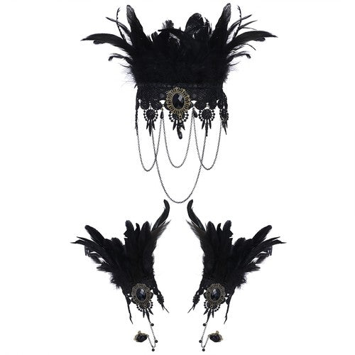 Boniskiss Women's Halloween Masquerade Gothic Lace Feather Tassels Leather Necklace Bracelet