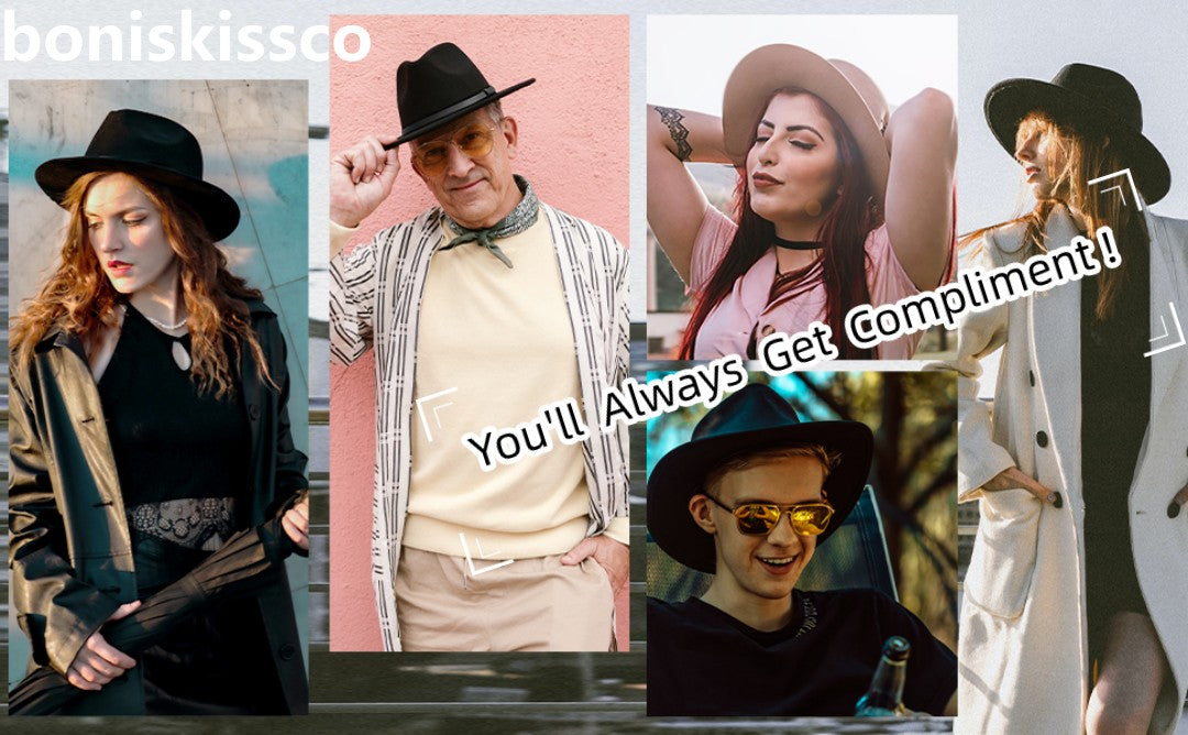 Black Wide Brim Fedora with Cuban Chain Jazz Wool Felt Hat | Size M-L - Boniskiss