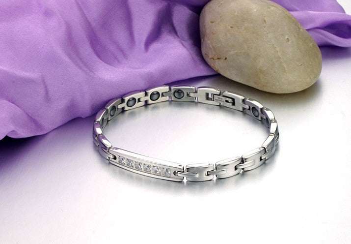 Boniskiss Fashion Stainless Steel Cubic Zirconia Couple Bracelets Black Magnetic Stones Bangle for Men Ladies