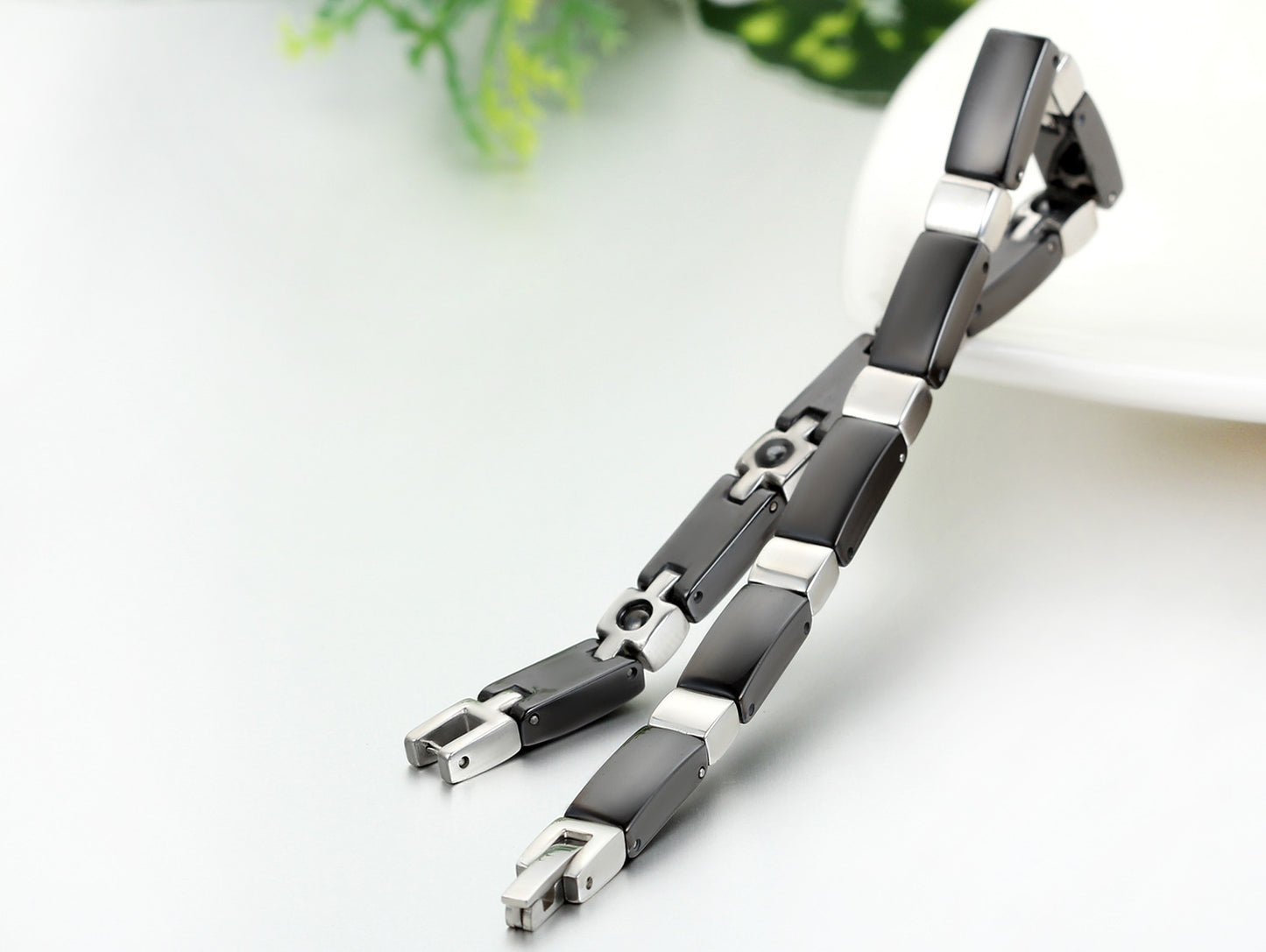 Boniskiss Black Ceramic and Stainless Steel Bracelet Cross Link Chain Bangle Wristband Birthday Christmas Gift