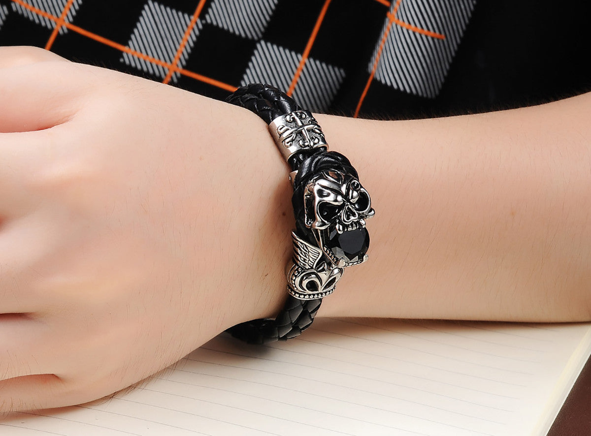 Boniskiss Double Layers Black Leather Warp Bracelet Mens Vintage Skull Braided Wristband 7.09 Inch