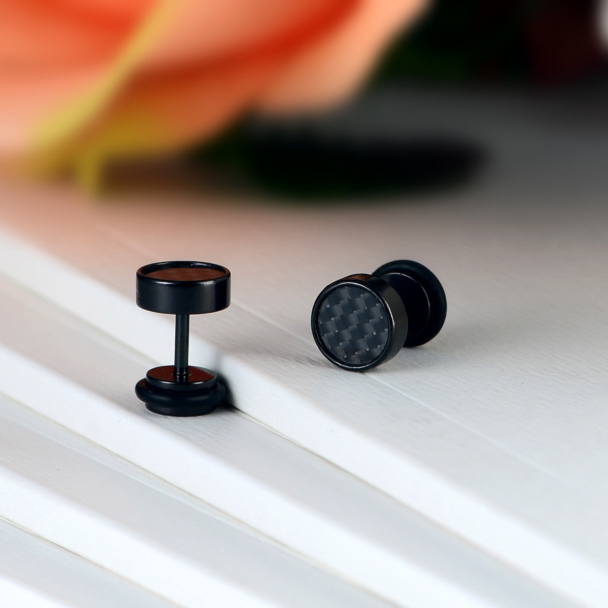 Boniskiss Pair of Men's 8mm Stainless Steel Stud Resin Carbon Fiber Earrings Black Tapers Cheater Faux Fake Ear Plugs Gauges Illusion Tunnel Non Pierce Body Jewellery