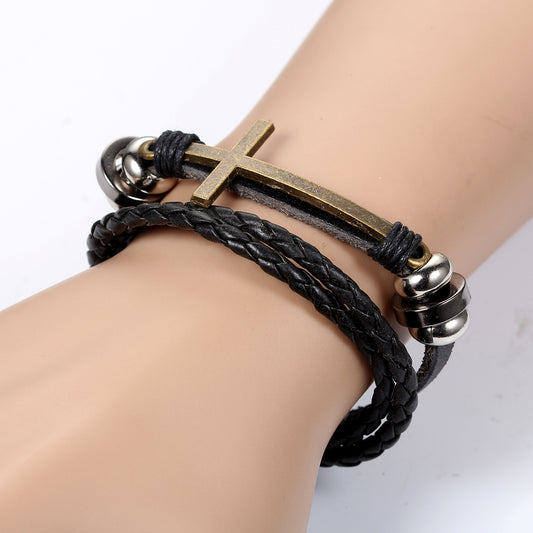 Boniskiss Leather Bracelet Vintage Golden Cross Charm
