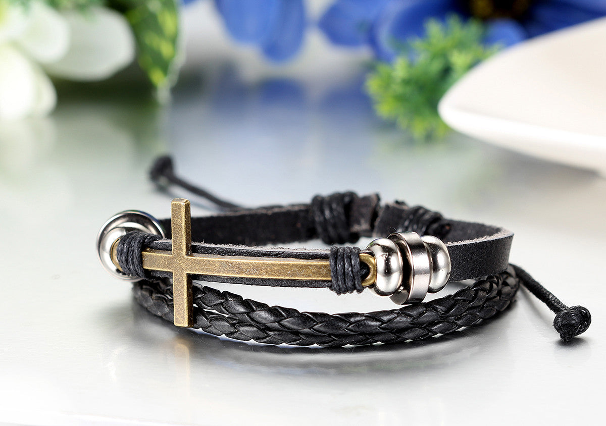Boniskiss Leather Bracelet Vintage Golden Cross Charm