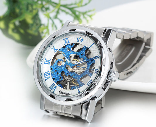 Boniskiss Skeleton Blue Dial Stainless Steel Band Hand-Wind Mechanical Mens Men Wrist Watch