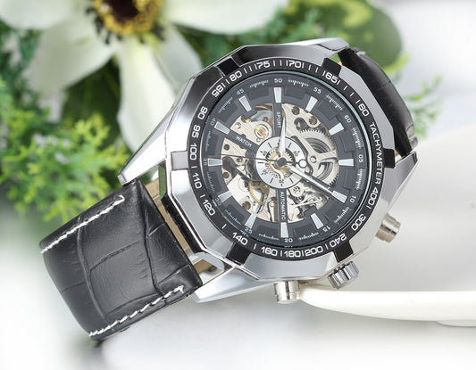 Boniskiss Mens Automatic Mechanical Skeleton Watch Black Leather