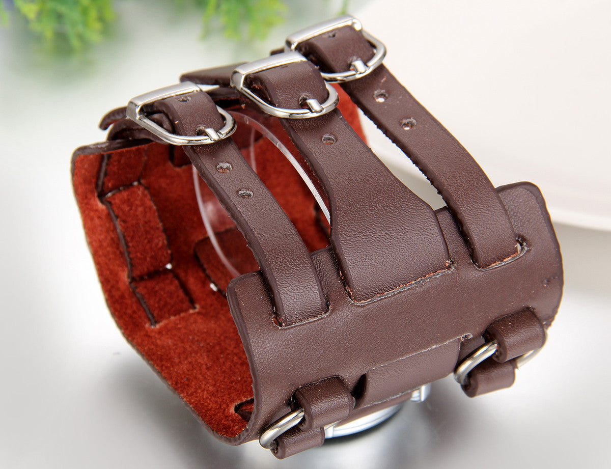 Boniskiss Hip-hop Gothic Leathernk Style Mens Wrist Watch 74MM Wide Brown Leather Cuff Watches