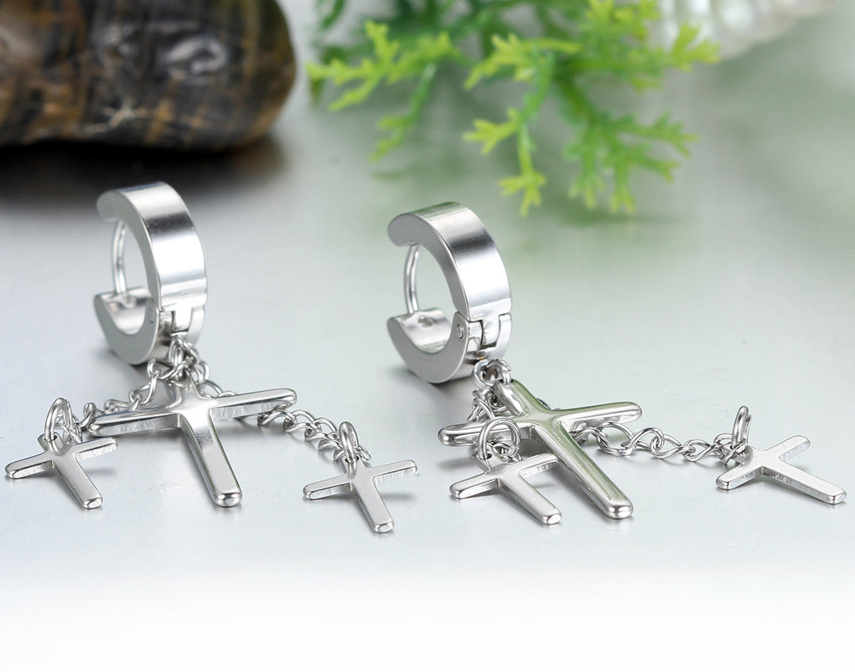Boniskiss Punk Rock Fashion Stainless Steel Hinged Hoop Huggie Stud Earrings Crosses Dangle