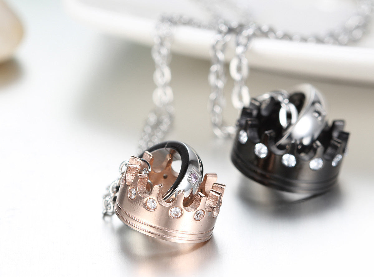 Boniskiss Valentine Day Gifts Mens Womens Cubic Zirconia Couples Stainless Steel Crown Pendant Love Necklace Set, 18 and 21.3 inch Chain, Black Rose Gold Silver
