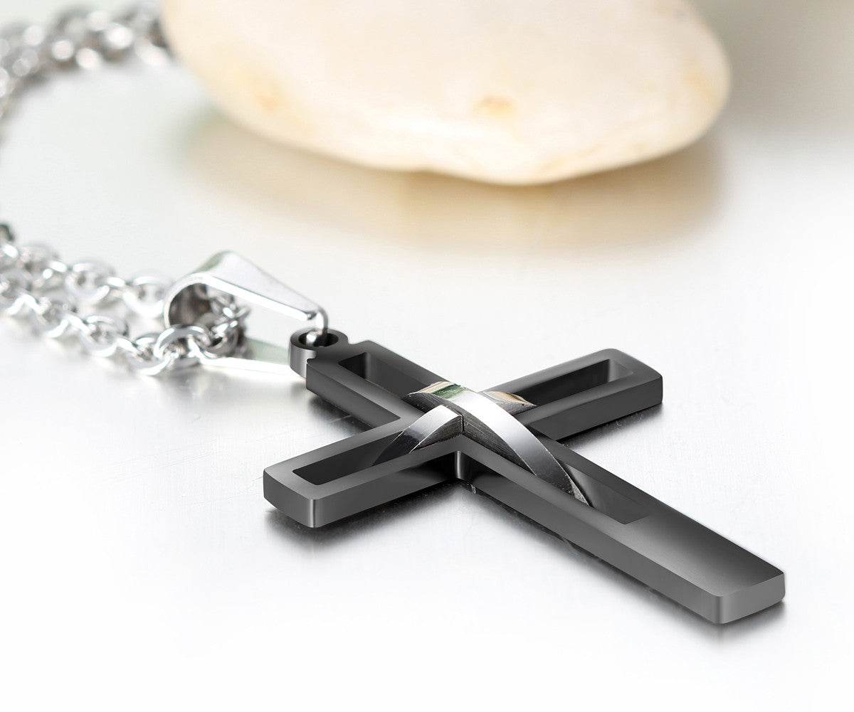 Boniskiss Men's Stainless Steel Pendant Necklace Black Silver Cross Hollow Openwork Vintage Polished with 21.3 inch Chain