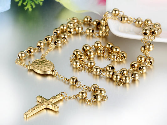 Boniskiss Stainless Steel Pendant Necklace Gold Tone Jesus Christ Crucifix Cross Rosary Vintage 25.5 Inch Chain for Men