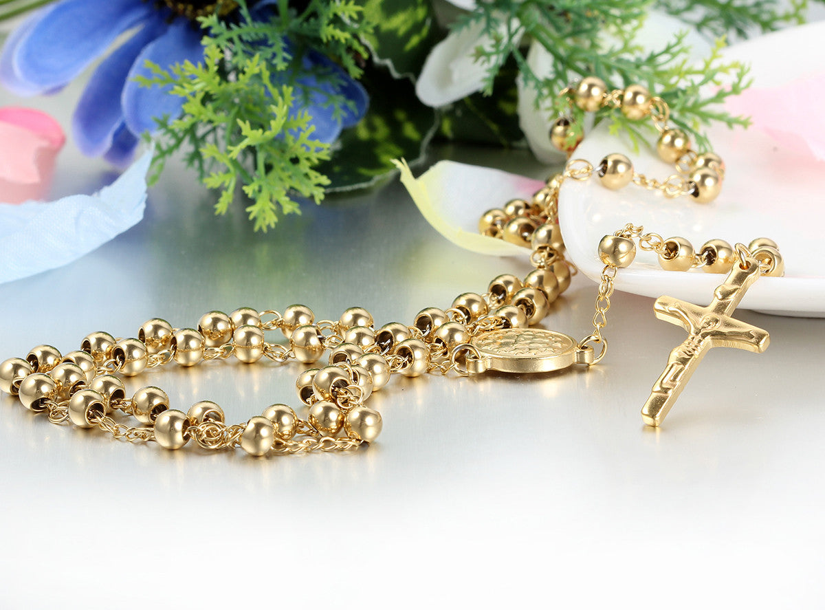 Boniskiss Stainless Steel Pendant Necklace Gold Tone Jesus Christ Crucifix Cross Rosary Vintage 25.5 Inch Chain for Men