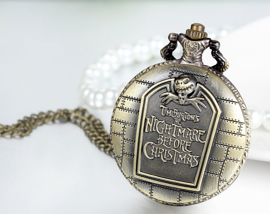 Boniskiss Retro Bronze Tim Burton's Nightmare before Christmas Engraved Quartz Pocket Watch Necklace Locket Pendant 31 Inch Chain