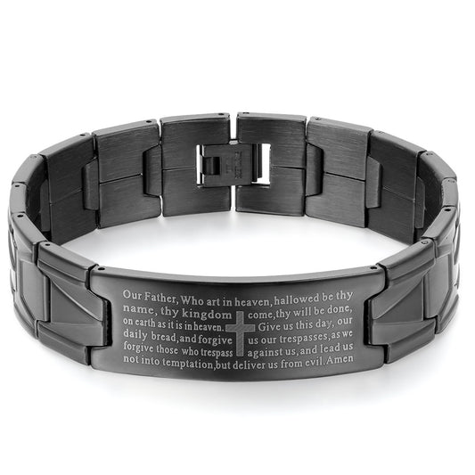 Boniskiss Stainless Steel Black Religious Cross English Lords Prayer Mens Bracelet