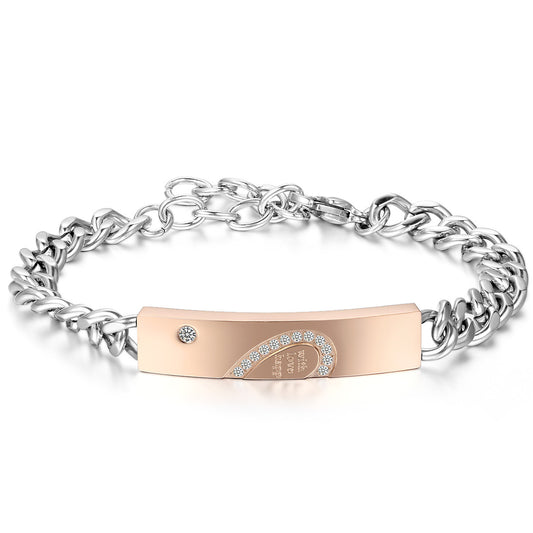 Boniskiss New Stainless Steel Cubic Zirconia Matching Heart ID Couple Bracelet Link Chain Wrist Valentine Lover Promise