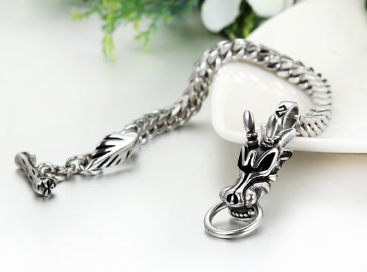 Boniskiss Biker Mens Gothic Style Stainless Steel Curb Chain Dragon Bracelet Toggle Clasp 9.4 Inch, Father's Day Gift