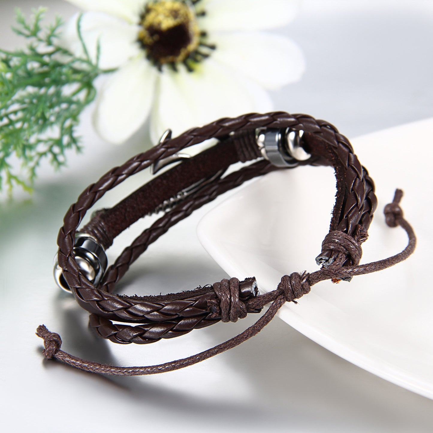 Boniskiss Fish Hook Bracelet Braided Leather Rope Wristband