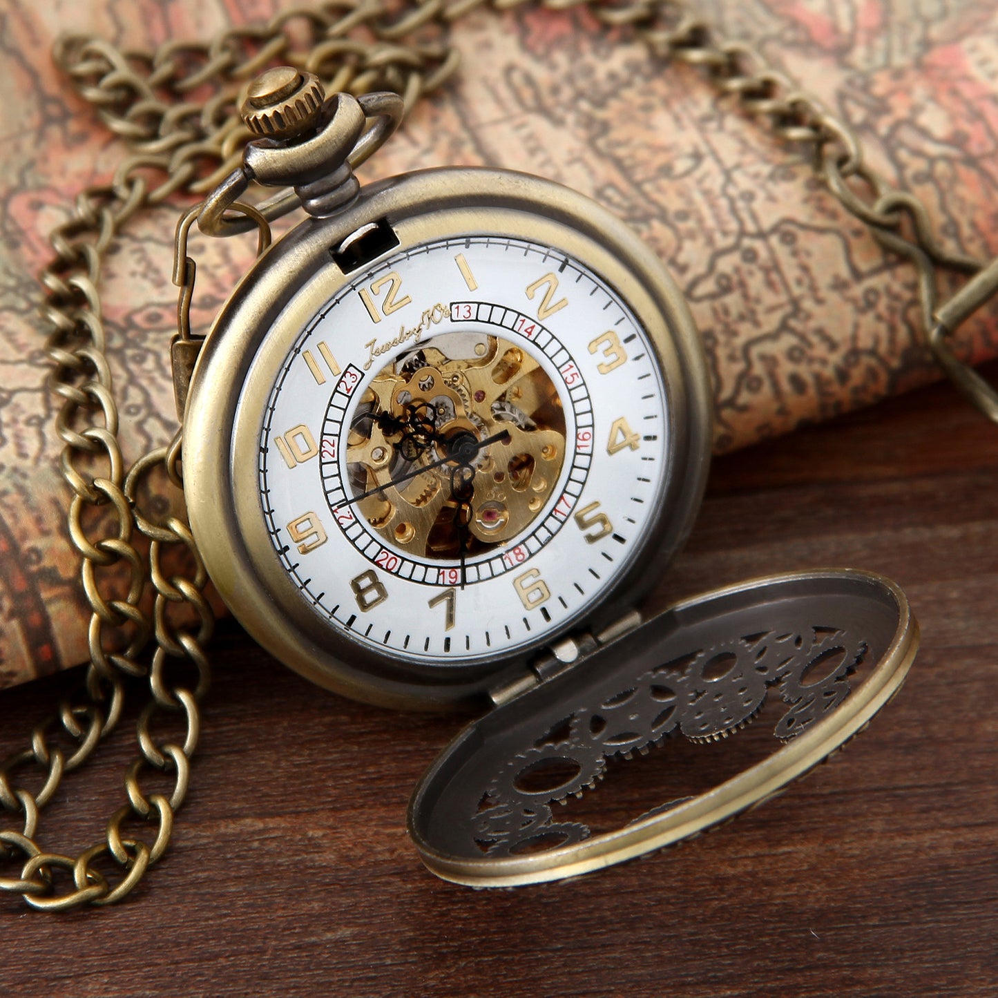 Boniskiss Classic Antique Half Hunter Metal Hollow Gear Wheel Skeleton Hand Wind Mechanical Pocket Watch with Chain