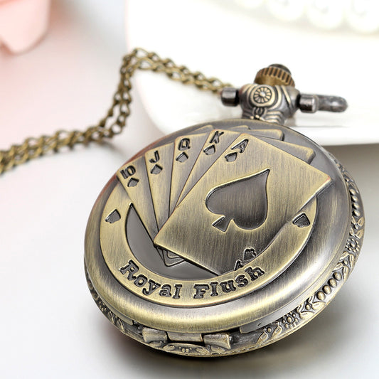 Boniskiss Steampunk Antique Royal Flush Poker Cards Pocket Watch with 31.5 Inches Chain for Women Men
