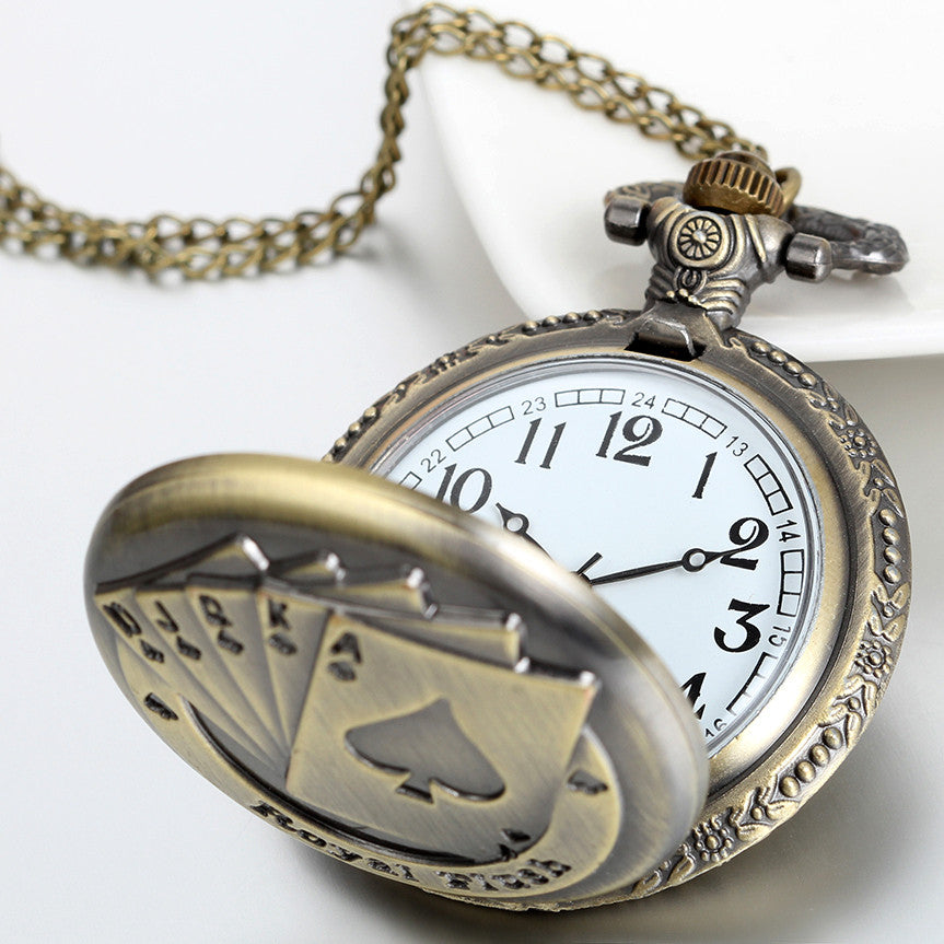 Boniskiss Steampunk Antique Royal Flush Poker Cards Pocket Watch with 31.5 Inches Chain for Women Men