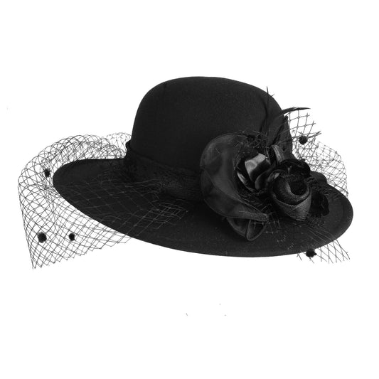 Cloche Veiled Church Felt Hat with Flower Decoration - Boniskiss