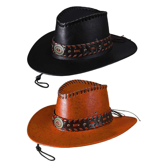 Faux Leather Western Cowboy Hat with Braided Band - Boniskiss