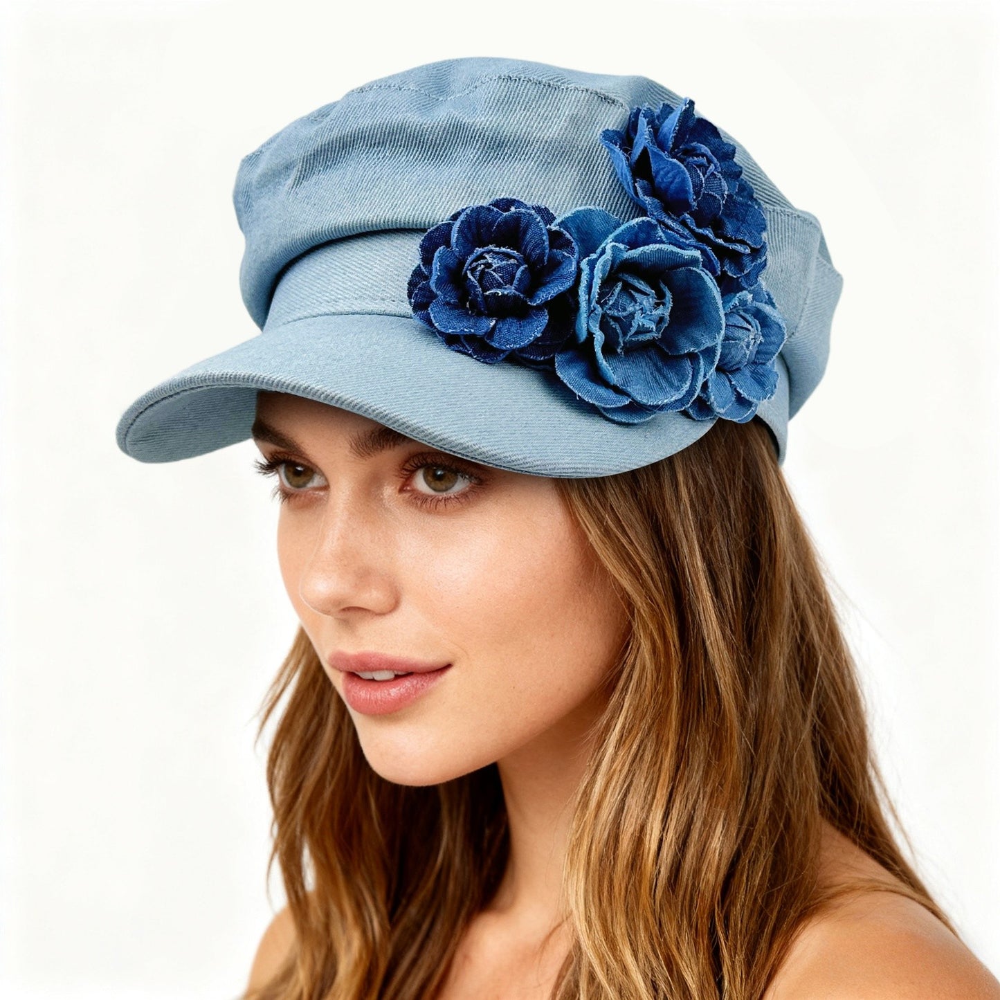 Boniskiss Womens Floral Denim Newsboy Cap Handmade Flower Decor Hat