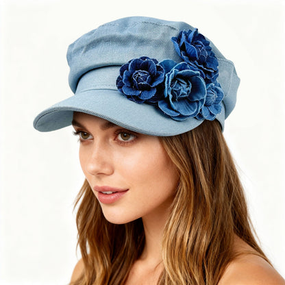Boniskiss Womens Floral Denim Newsboy Cap Handmade Flower Decor Hat