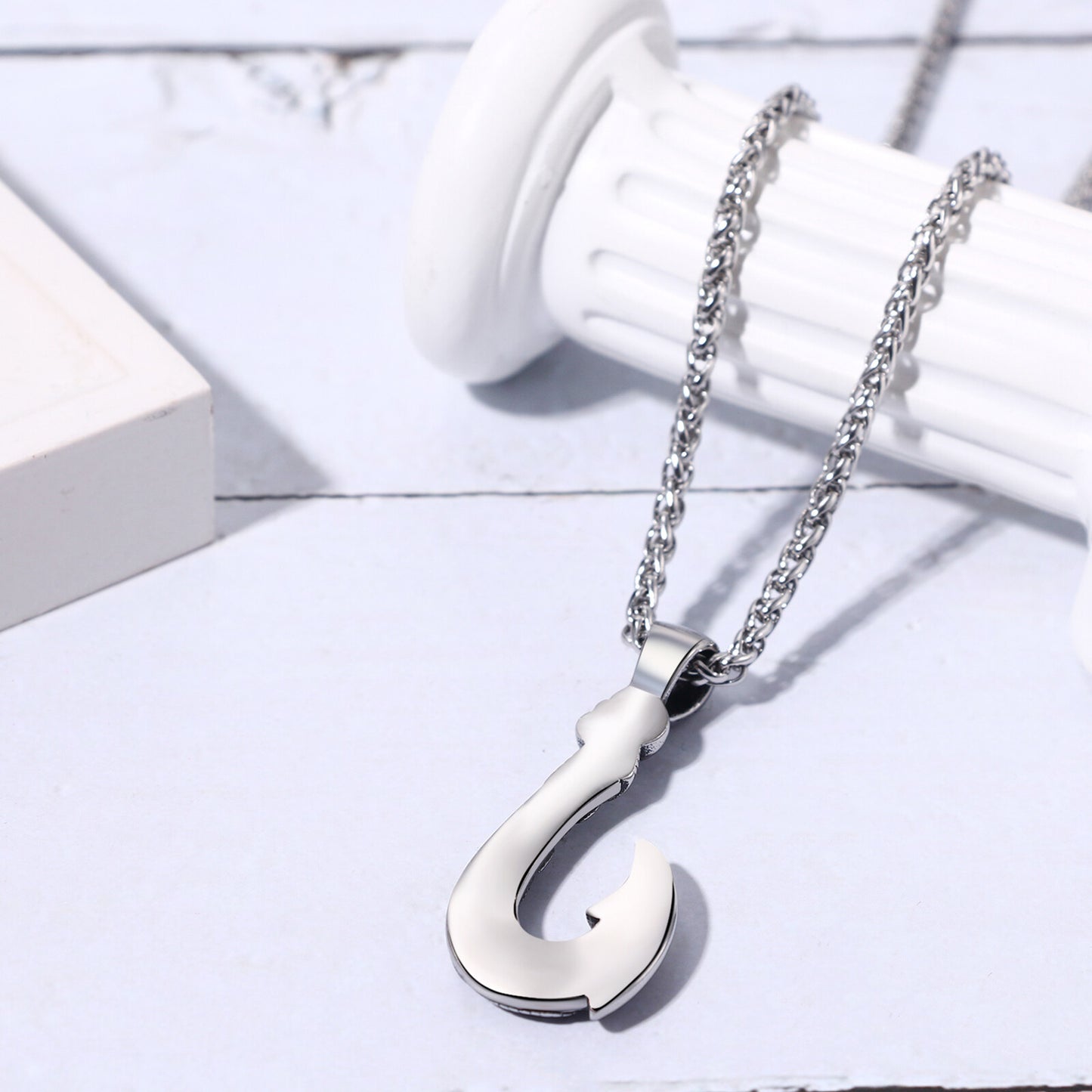 Boniskiss Men's Stainless Steel Lucky Fish Hook 3D Wave Pattern Casting Dangle Necklace Gift