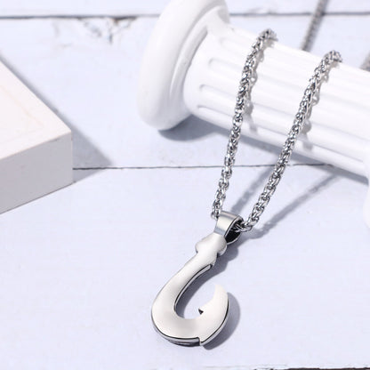 Boniskiss Men's Stainless Steel Lucky Fish Hook 3D Wave Pattern Casting Dangle Necklace Gift