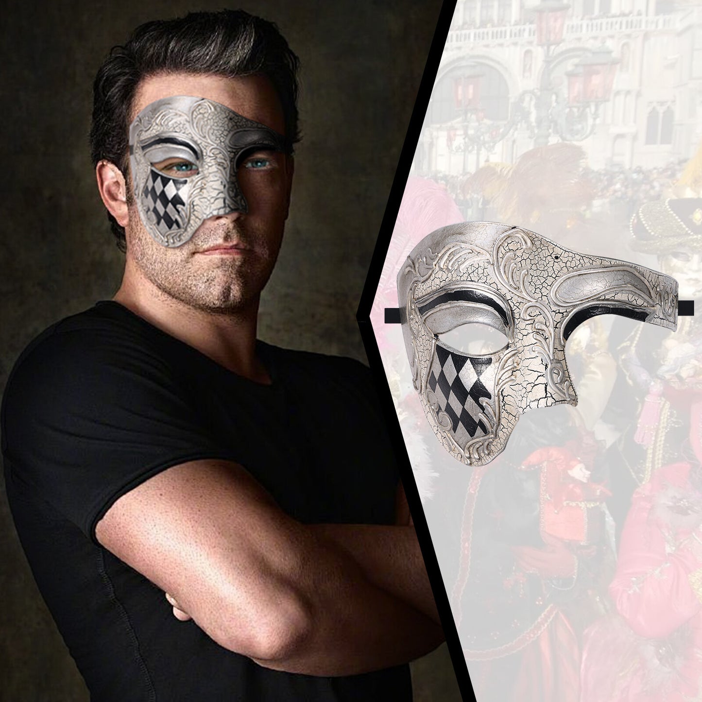 Boniskiss Men's Acanthus Checkerboard Pattern Mask - Venetian Phantom of the Opera Costume Half Face Mask for Masquerade & Ball