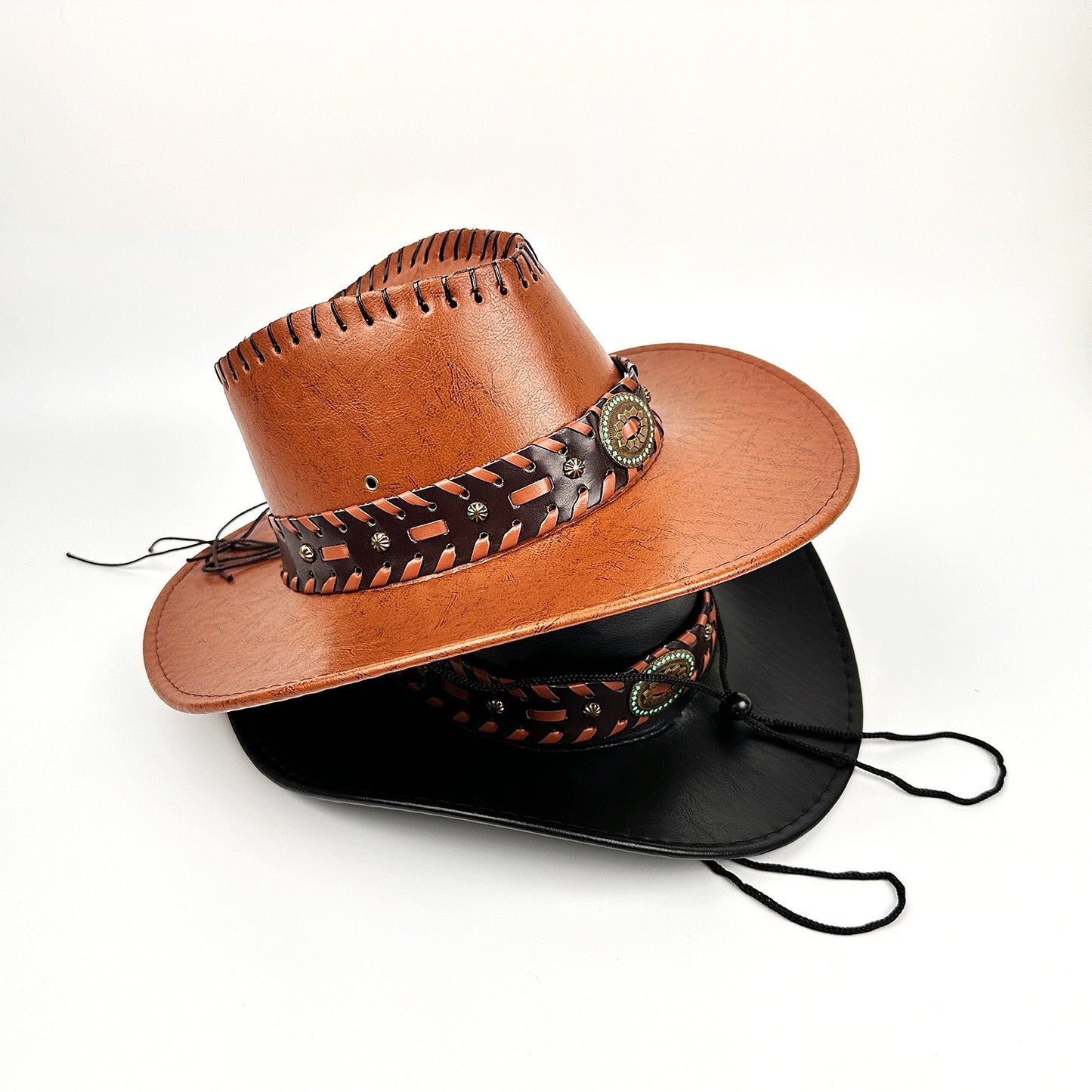 Faux Leather Western Cowboy Hat with Braided Band - Boniskiss