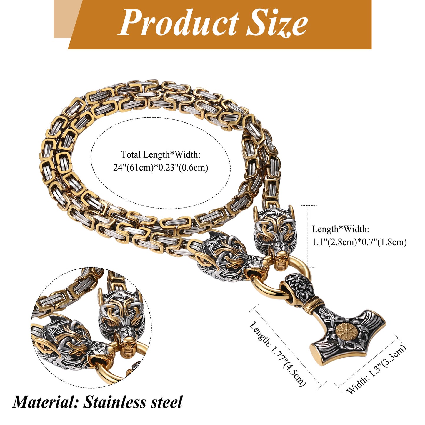 Mens Retro Viking Wolf Head Thor's Hammer Dangle Amulet Byzantine Chain Necklace