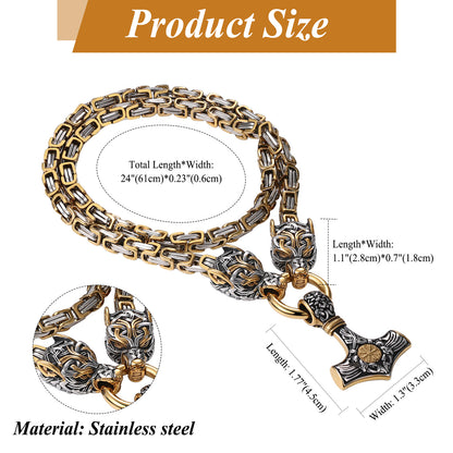 Mens Retro Viking Wolf Head Thor's Hammer Dangle Amulet Byzantine Chain Necklace
