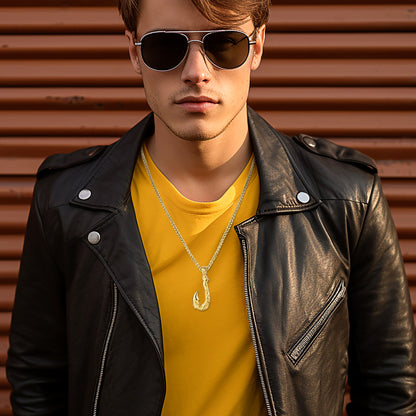 Boniskiss Men's Stainless Steel Lucky Fish Hook 3D Wave Pattern Casting Dangle Necklace Gift