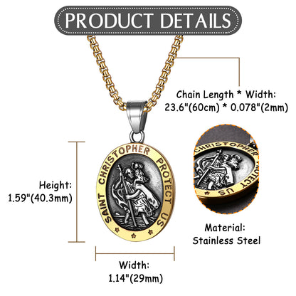 Boniskiss St Christopher Angel Medal Necklace - Traveler Medal Pendant Religious Amulet Necklace for Men