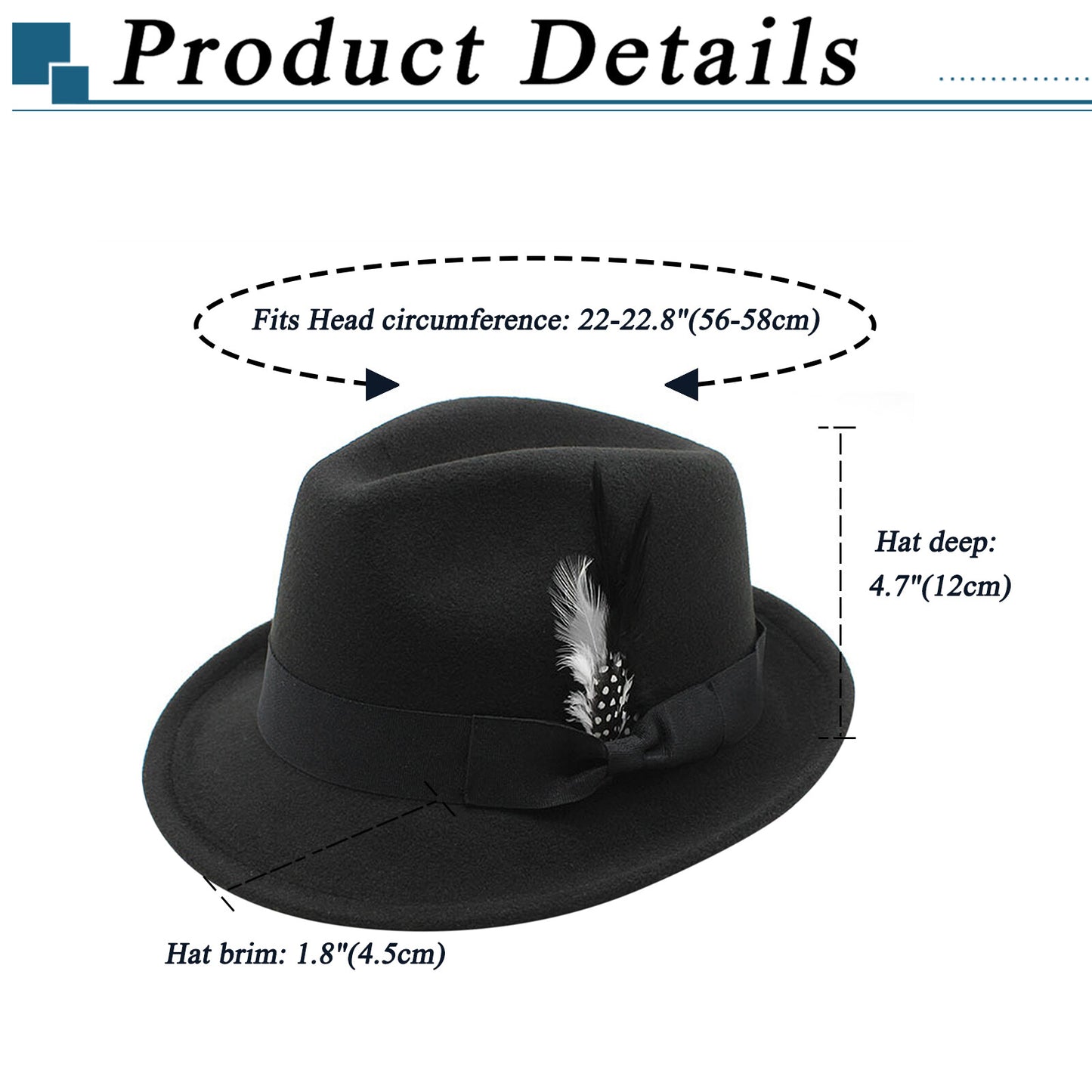 Classic Fedora Hat Short Brim Felt Feather Hat | Size M-L- Boniskiss