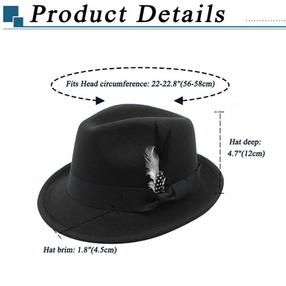 Classic Fedora Hat Short Brim Felt Feather Hat | Size M-L- Boniskiss