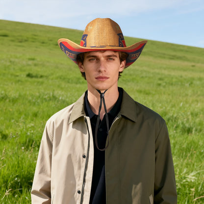 Chapeau de cowboy en paille imprimée à bord incurvé, style western, pour homme - Boniskiss