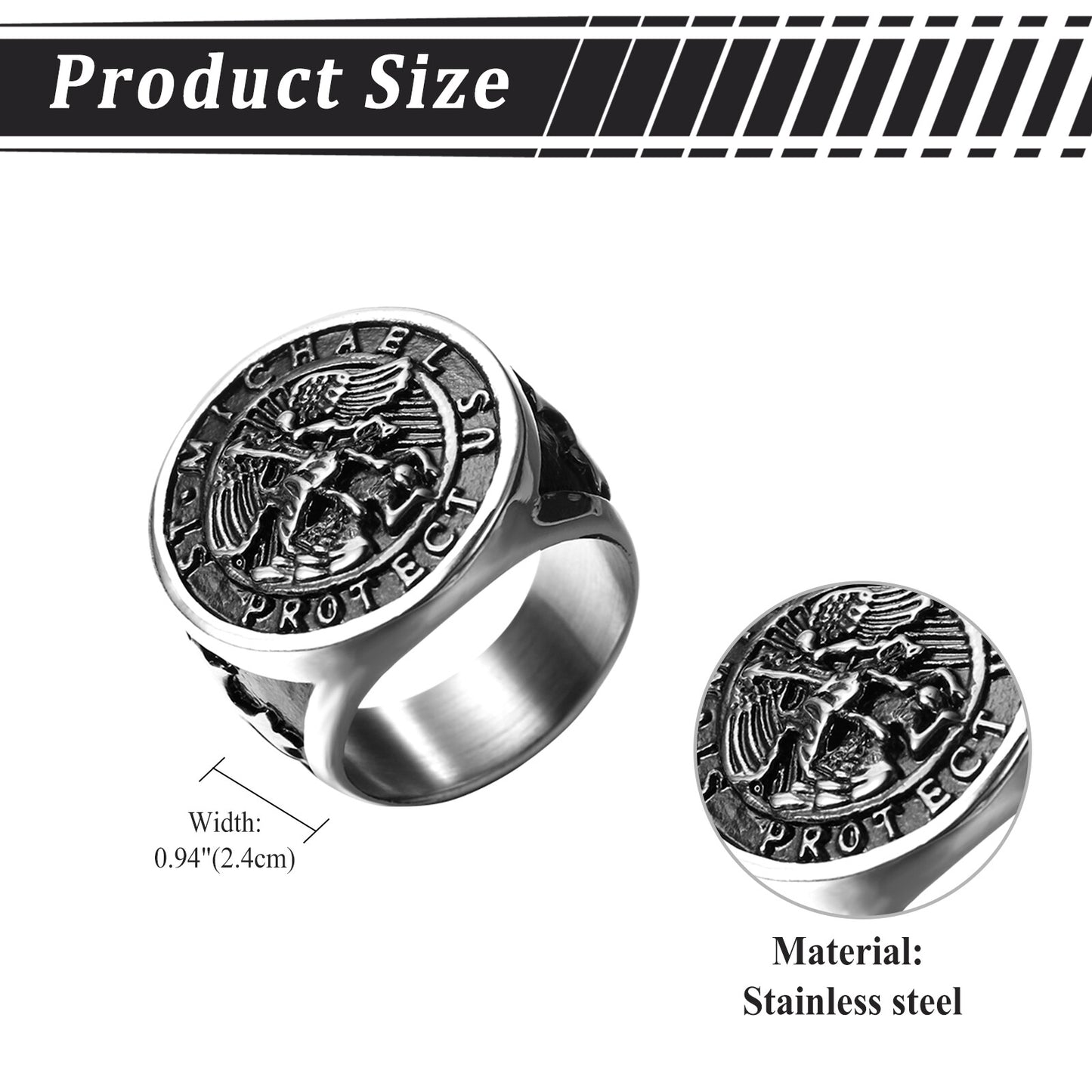 Boniskiss Michael Angel Ring for Men - Religious Amulet Signet Stainless Steel Band Ring